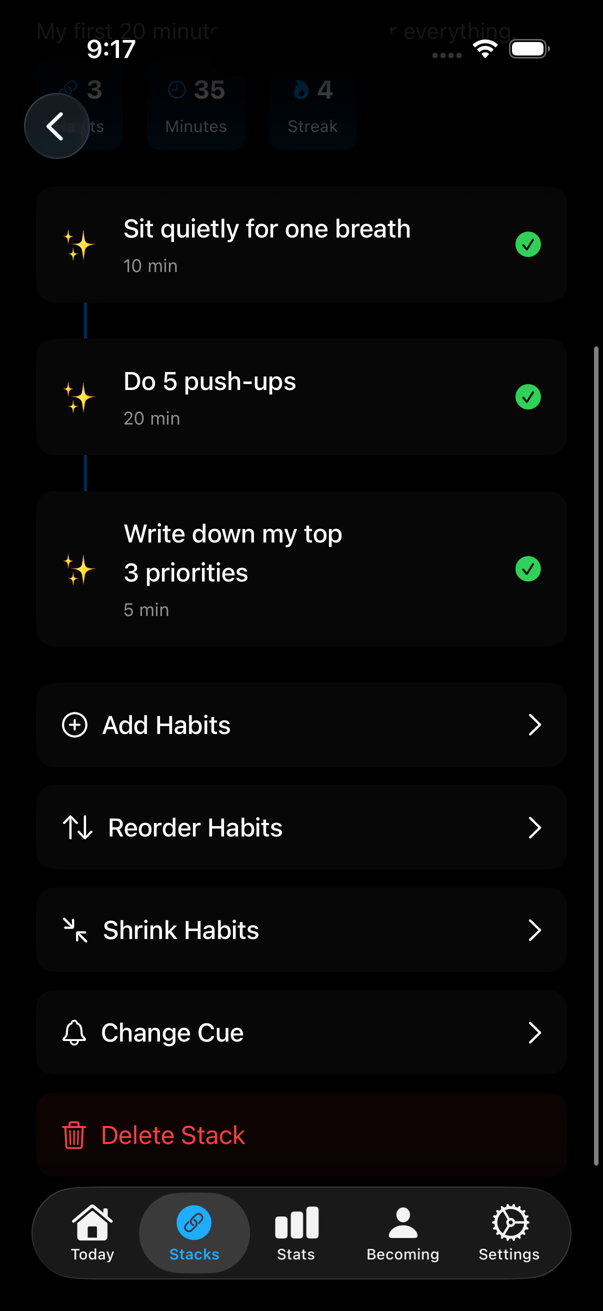 Habit routine detail – atomic habits stacking view in Become